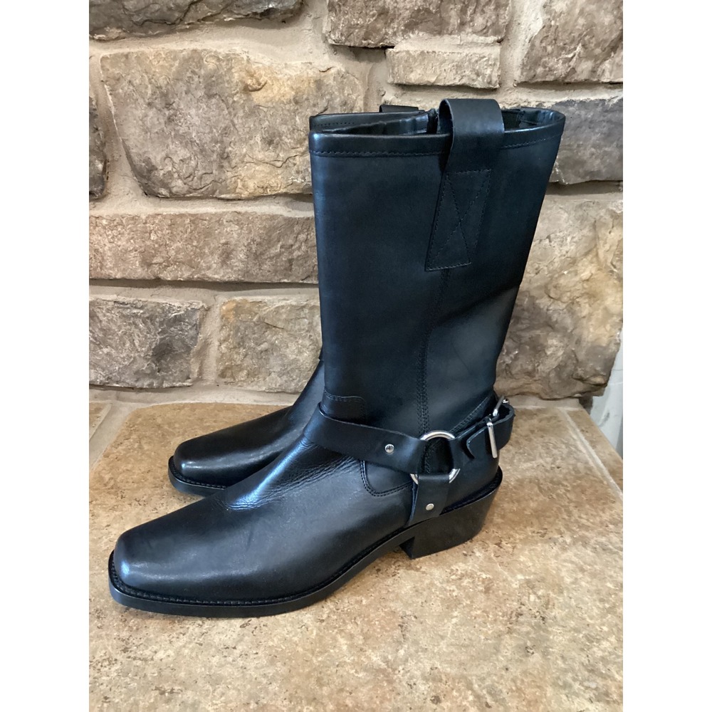 Crown Vintage Sidonia Black Leather Harness Boots Square Toe Biker Mid Calf 11